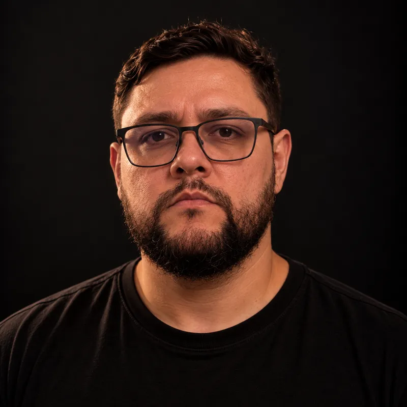 Retrato de Antônio Miranda, de óculos e barba